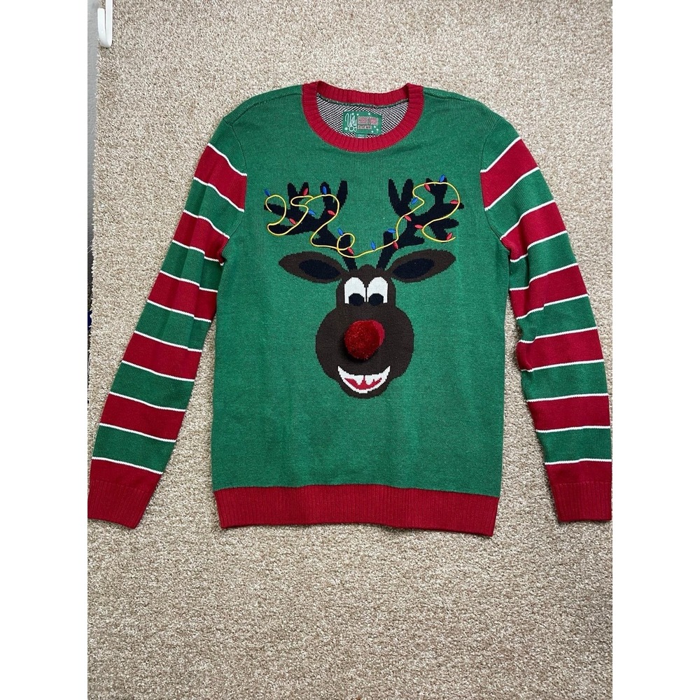 Ugly Christmas Sweater Reindeer Smiling Striped Front‎ And Back Size XL Green
